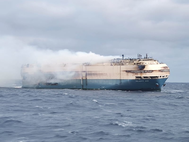Smoke billows from the burning 'Felicity Ace', south-east of the Azores. Photo: Portuguese Navy