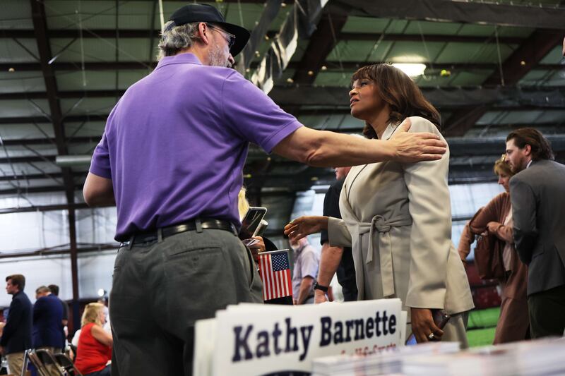 Pennsylvania US  Senate candidate Kathy Barnette greets attendees at a Republican leadership forum at Newtown Athletic Club on May 11, 2022 in Newtown, Pennsylvania. AFP