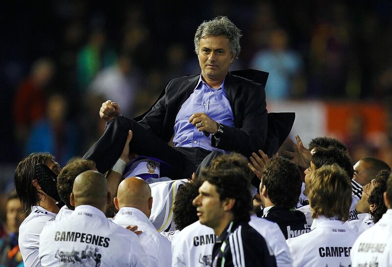 VALENCIA, BARCELONA - APRIL 20:  Head Coach Jose Mourinho of Real Madrid celebrates after the Copa del Rey final match between Real Madrid and Barcelona at Estadio Mestalla on April 20, 2011 in Valencia, Spain. Real Madrid won 1-0.  (Photo by Manuel Queimadelos Alonso/Getty Images)
