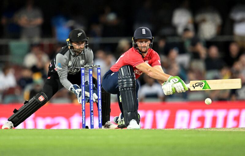 Jos Buttler plays during the T20 World Cup Super 12 match at The Gabba. PA