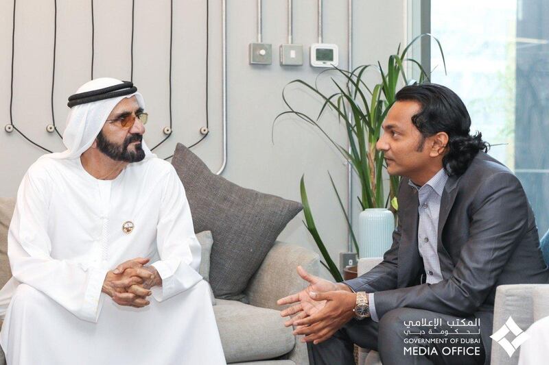 Sheikh Mohammed bin Rahid, Vice President and Ruler of Dubai, meets serial entrepreneur Divyank Turakhia in Dubai on Tuesday. Courtesy Dubai Media Office