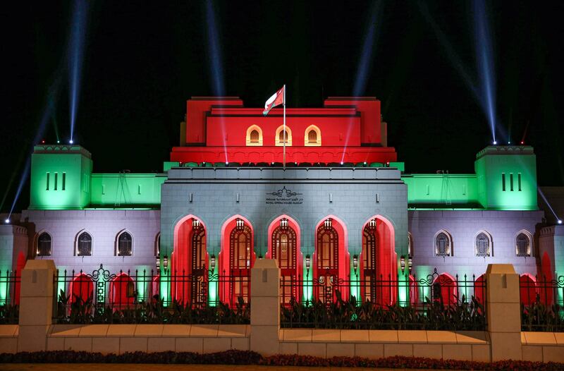 A view of the Royal Opera House Muscat in Oman's capital, lit up with the national colours on the occasion of the Omani national day.   AFP