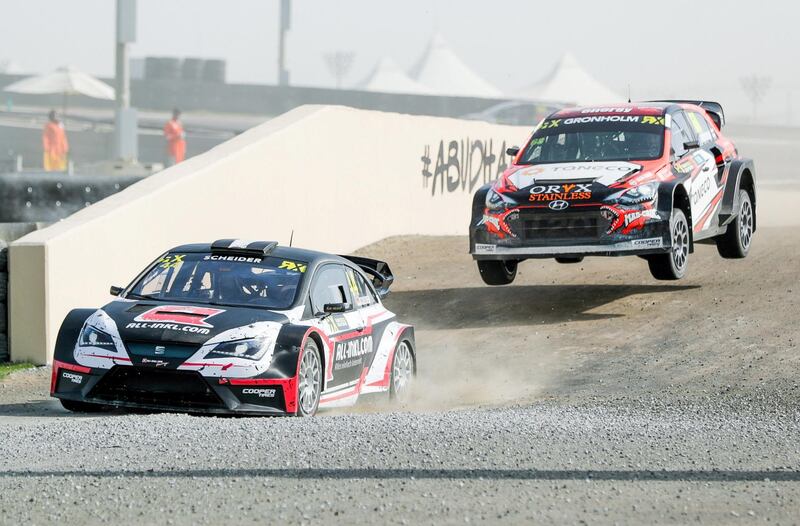 Abu Dhabi, April 6,2019.  FIA World Rallycross Championship at the Abu Dhabi, YAS Marina Circuit. -- Second Race. --Timo SCHEIDER in his Fiat Ibiza takes the jump ahead of Niclas GRÖNHOLM in his Hyundai i20.
Victor Besa/The National.
Section:  SP
Reporter:  Amith Passela