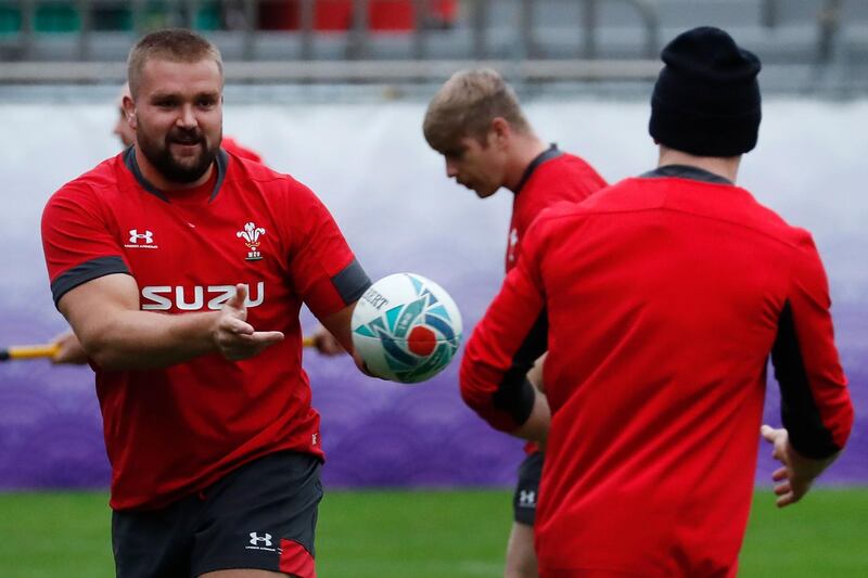 Wales' prop Tomas Francis (L)  takes part in a training session at Prince Chichibu Memorial Rugby Ground in Tokyo ahead of their Japan 2019 Rugby World Cup semi-final against South Africa. AFP