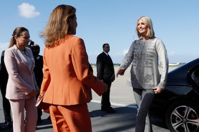 Ivanka Trump, the daughter and senior adviser to President Donald Trump, is greeted by Princess Lalla Meryem of Morocco as she arrives in Rabat, Morocco, Wednesday, Nov. 6, 2019, where she will promote a global economical program for women. (AP Photo/Jacquelyn Martin)