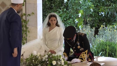 Jordan's Crown Prince Hussein and Princess Rajwa at their wedding ceremony at Zahran Palace. Photo: Royal Hashemite Court