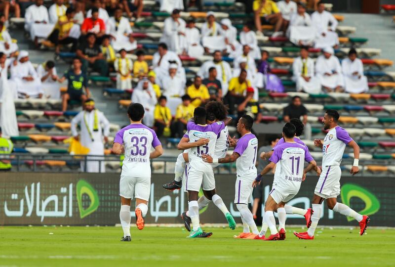 Abu Dhabi, UAE.  May 3, 2018.   President's Cup Final, Al Ain FC VS. Al Wasl.  Al Ain FC celebrate after the first goal in the first few minutes of the first half.
Victor Besa / The National
Sports
Reporter: John McAuley