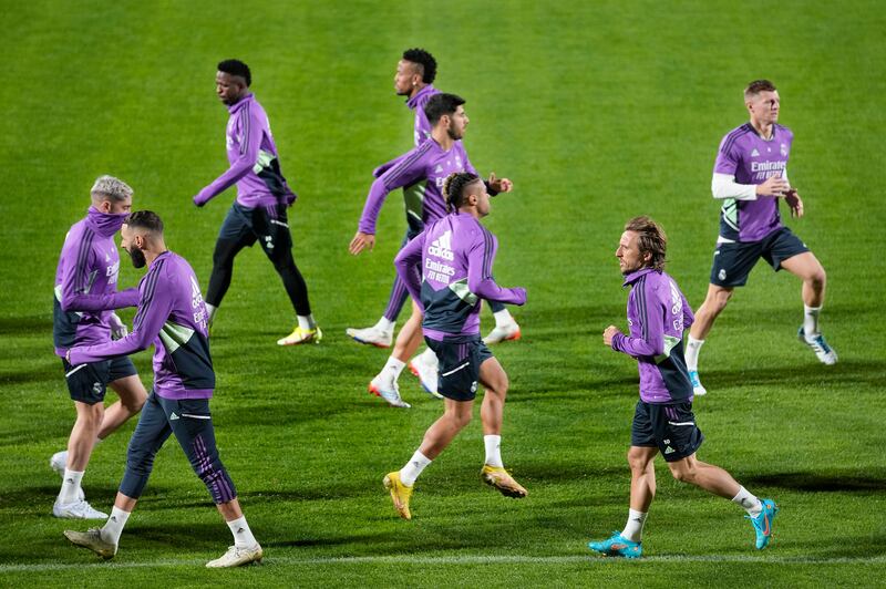 Real Madrid players warm up during a training session at Mrsool Park in Riyadh ahead of their Spanish Super Cup semi-final. AP Photo