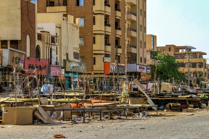 Market stalls abandoned in south Khartoum as fighting in the Sudanese capital rages for a third day. AFP