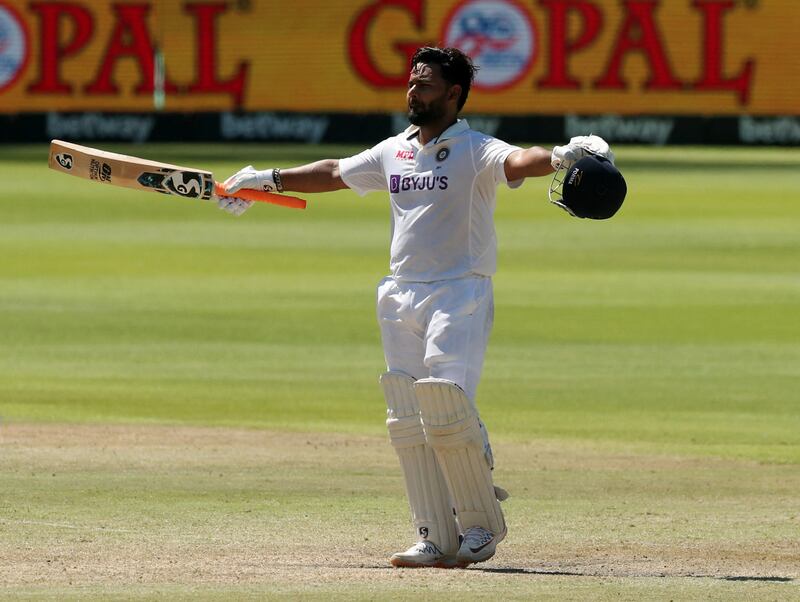 India's Rishabh Pant celebrates reaching his century on Day 3 against South Africa in the third Test at  Newlands Cricket Ground in Cape Town, on Thursday, January 13, 2022. Reuters