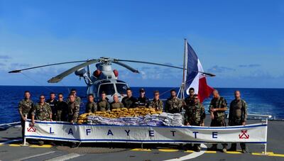 The French Navy La Fayette,  part of the 32-nation Combined Maritime Forces, with a massive drugs haul seized on the seas. Courtesy Combined Maritime Forces