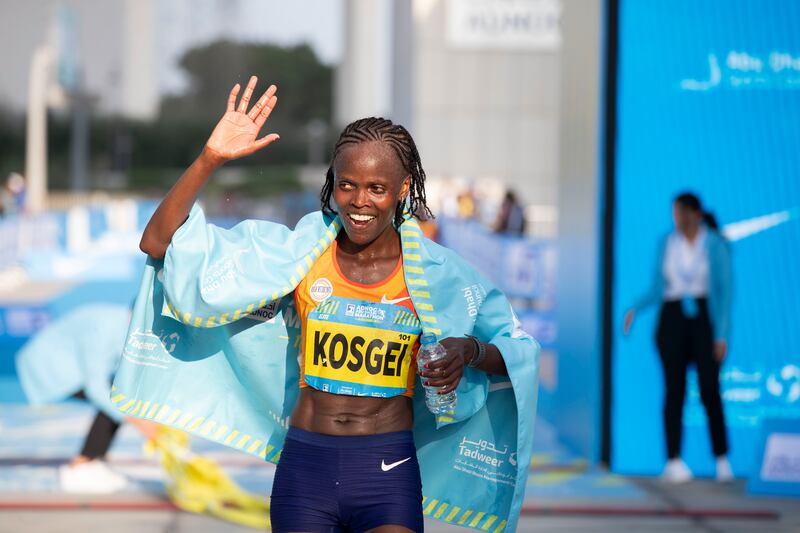 Kenya's Brigid Kosgei won the Adnoc Abu Dhabi Marathon women's race in a course record time on Saturday, December 16, 2023. Ruel Pableo for The National
