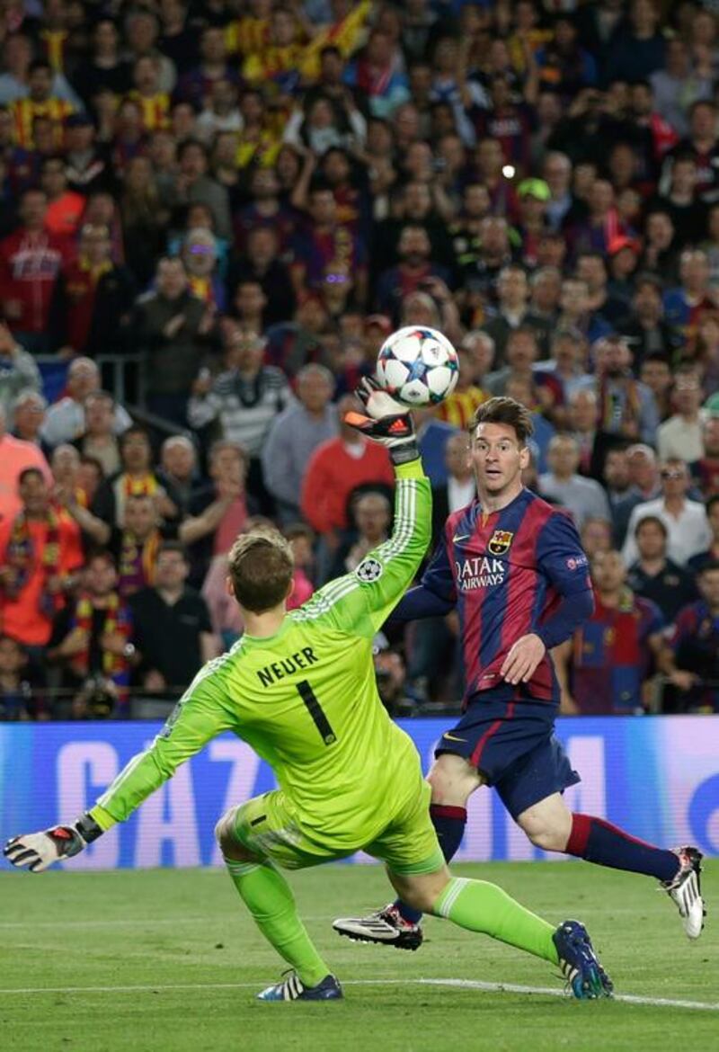 May 6, 2015 - Champions League semi-final, first leg. Barcelona 3 (Messi 77' & 70', Neymar 90') Bayern Munich 0: Led by former Barca manager Pep Guardiola, the Germans - without attacking big guns Franck Ribery and Arjen Robben - had frustrated Barca until being taken apart in the final 13 minutes. Lionel Messi and Neymar - part of the Catalans' triple strike threat alongside Luis Suarez - did the damage to all but end Bayern's final hopes. After the match, Guardiola said: "Barca is Leo [Lionel Messi] – but Barca are also a very good team and they are in top form in all departments. We had done well until the first goal but then we lost control." AP