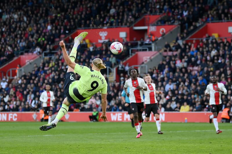 Erling Haaland of Manchester City scores his team's third goal against Southampton at the St. Mary's Stadium on Saturday, April 8, 2023. Getty