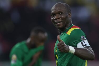 Cameroon's forward Vincent Aboubakar gestures during the Group A Africa Cup of Nations (CAN) 2021 football match between Cameroon and Burkina Faso at Stade d'Olembé in Yaounde on January 9, 2022.  (Photo by Kenzo Tribouillard  /  AFP)