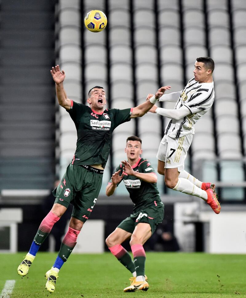 Juventus' Cristiano Ronaldo heads the ball. Reuters