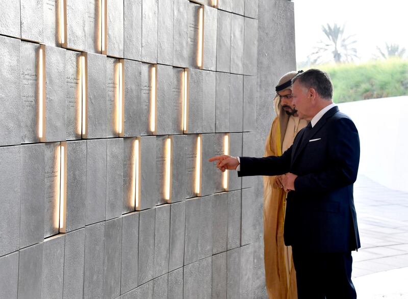 ABU DHABI, 7th February, 2018 (WAM) -- King Abdullah II of Jordan on Wednesday visited Abu Dhabi’s Wahat Al Karama, the national landmark built to immortalise the sacrifices of the UAE’s brave heroes. King Abdullah was received by Sheikh Khalifa bin Tahnoun bin Mohammed Al Nahyan, Director of The Martyrs’ Families’ Affairs Office at the Abu Dhabi Crown Prince Court. Wam