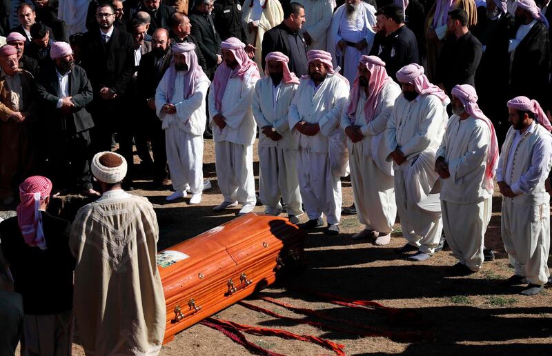 Iraqi Yazidis pray over the casket of the Mir Takhsin-Beg (Tahseen Said Ali), the hereditary  leader of the Yazidi community in the world, during his funeral in the town of Sheikhan, 50km northeast of Mosul, on February 5, 2019.  The longtime head of the world's Yazidis, a minority whose Iraqi community was ferociously targeted by the Islamic State group, has died in Germany after a long illness, officials said today.
Prince Tahseen Said Ali died in the KRH Siloah hospital in Hanover at the age of 85, according to the head of the Iraqi Kurdish region's head of Yazidi affairs, Khairi Buzani. / AFP / SAFIN HAMED
