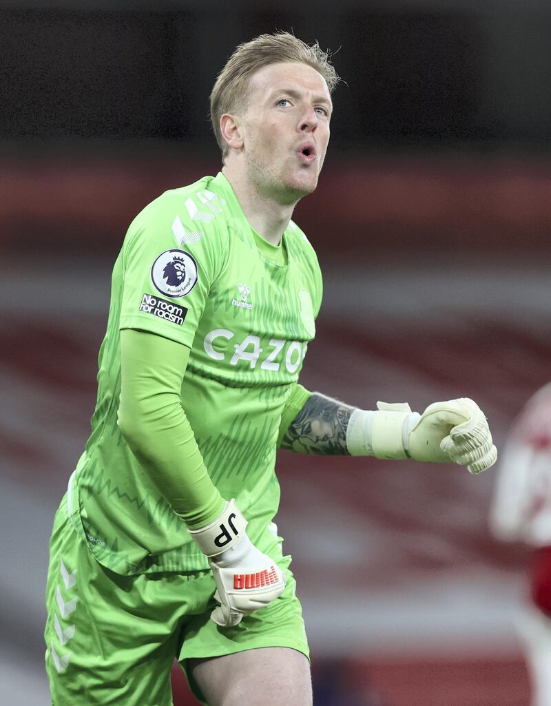 LONDON, ENGLAND - APRIL 23:  Everton goalkeeper Jordan Pickford blows air out his cheeks after making a last minute save during the Premier League match between Arsenal and Everton at Emirates Stadium on April 23, 2021 in London, United Kingdom. Sporting stadiums around the UK remain under strict restrictions due to the Coronavirus Pandemic as Government social distancing laws prohibit fans inside venues resulting in games being played behind closed doors.  (Photo by Charlotte Wilson/Offside/Offside via Getty Images)
