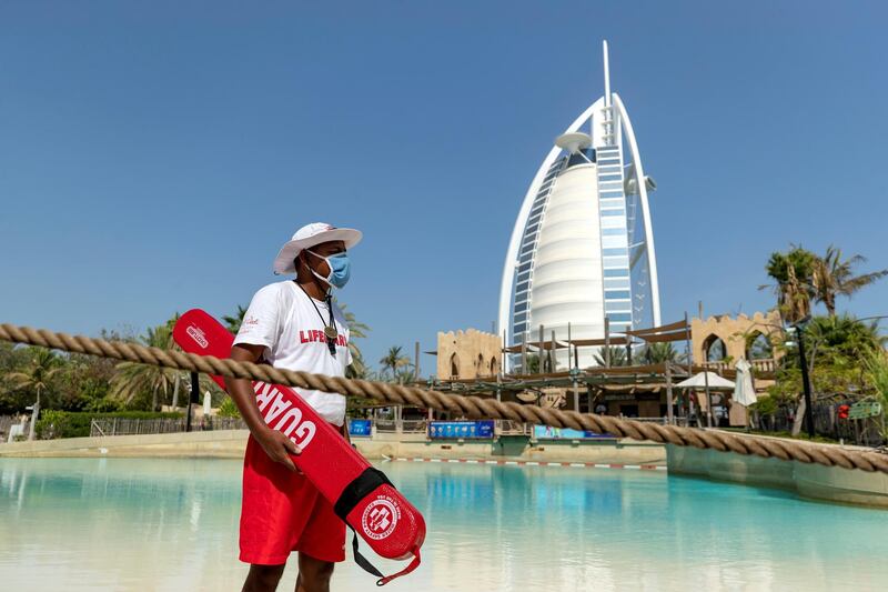 Dubai, United Arab Emirates - Reporter: N/A. News. Tourism. A lifeguard stands by the wave pool as he waits for guests to arrive. Wild Wadi opened on Friday to the public with strict Covid-19/Coronavirus safety measures. Sunday, July 12th, 2020. Dubai. Chris Whiteoak / The National