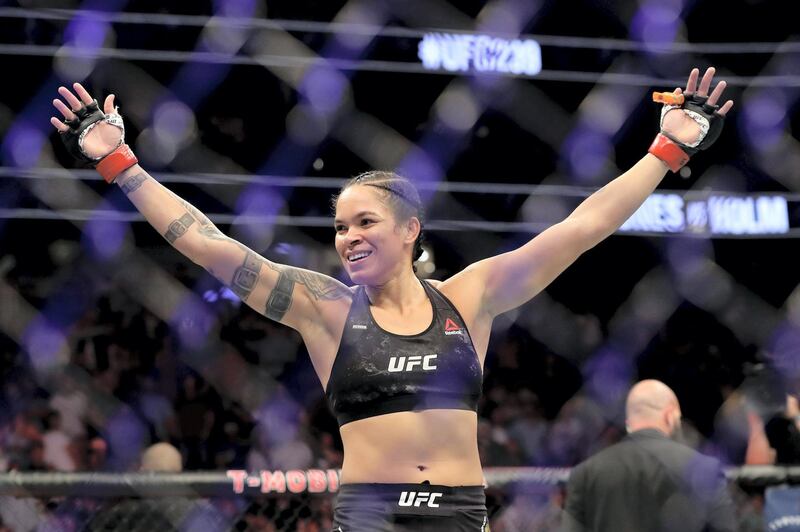 LAS VEGAS, NEVADA - JULY 06: Amanda Nunes of Brazil reacts after defeating Holly Holm of the United States during their UFC Womens Bantamweight Title bout at T-Mobile Arena on July 06, 2019 in Las Vegas, Nevada.   Sean M. Haffey/Getty Images/AFP