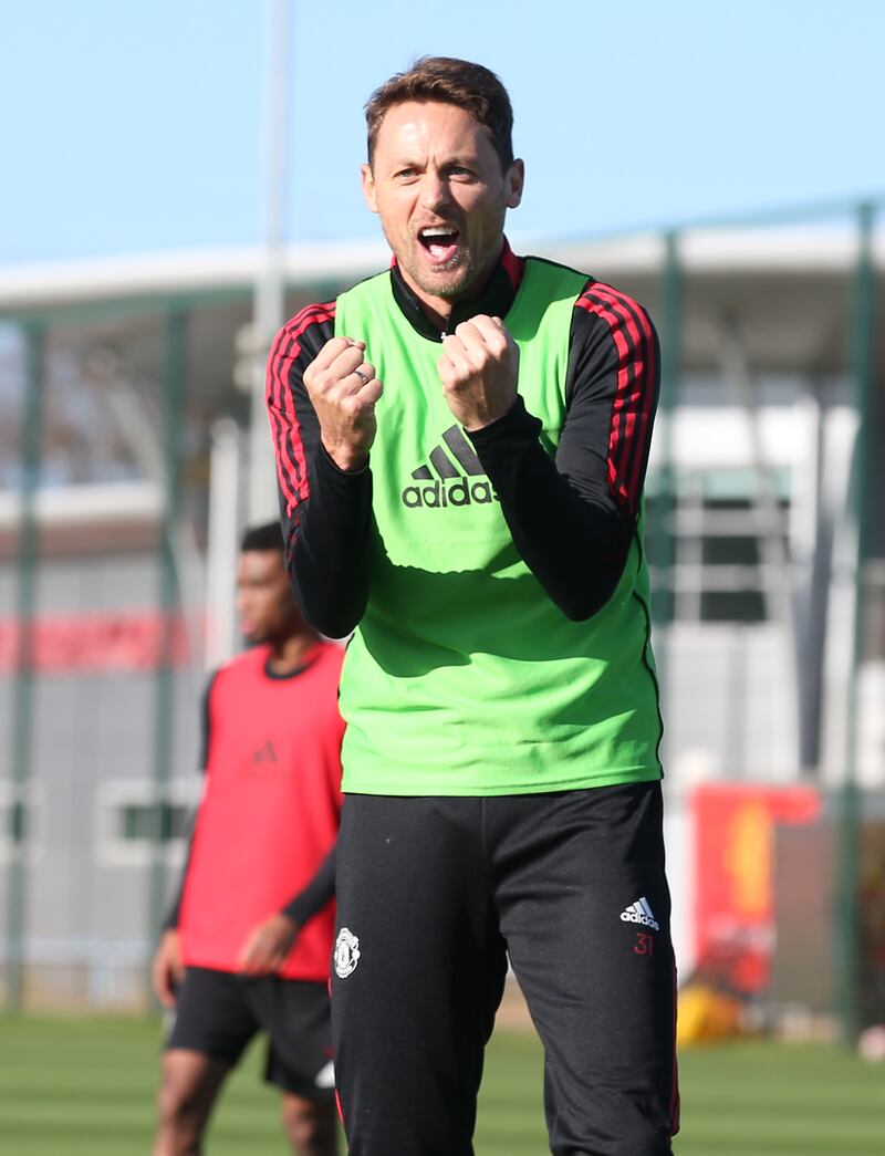 Nemanja Matic of Manchester United in action during a first team training session at Carrington Training Ground in Manchester, England.