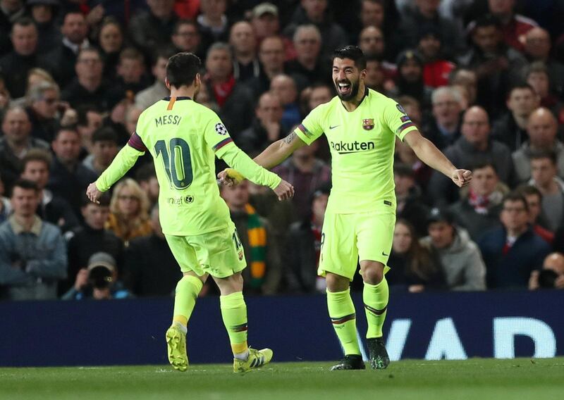 Soccer Football - Champions League Quarter Final First Leg - Manchester United v FC Barcelona - Old Trafford, Manchester, Britain - April 10, 2019  Barcelona's Luis Suarez celebrates scoring their first goal with Lionel Messi           Action Images via Reuters/Lee Smith       TPX IMAGES OF THE DAY