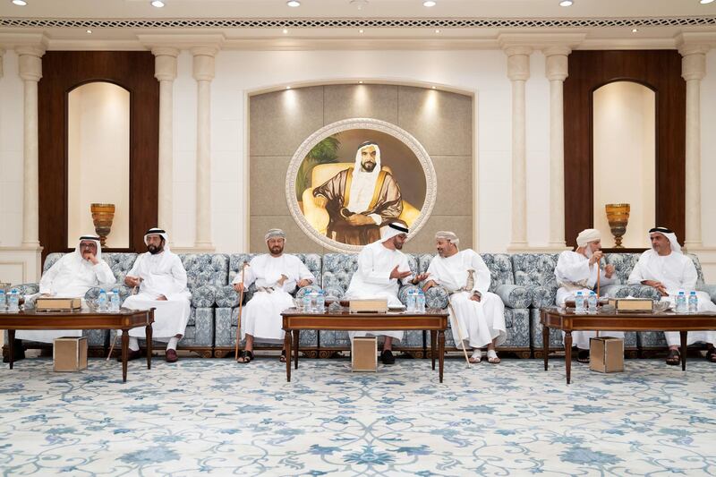 ABU DHABI, UNITED ARAB EMIRATES - November 21, 2019: HH Sayyid Badr bin Saud Al Busaidi, Minister of Defence of Oman (3rd L) and HE Hamoud bin Faisal Al Busaidy, Minister of Interior of Oman (5th L), offer condolences to HH Sheikh Mohamed bin Zayed Al Nahyan, Crown Prince of Abu Dhabi and Deputy Supreme Commander of the UAE Armed Forces (4th L) on the passing of the late HH Sheikh Sultan bin Zayed Al Nahyan, at Al Mushrif Palace. Seen with HH Sheikh Hamdan bin Rashid Al Maktoum, Deputy Ruler of Dubai and UAE Minister of Finance (L), HH Sheikh Tahnoon bin Mohamed Al Nahyan, Ruler's Representative in Al Ain Region (2nd L), HH Lt General Sheikh Saif bin Zayed Al Nahyan, UAE Deputy Prime Minister and Minister of Interior (R).

( Rashed Al Mansoori / Ministry of Presidential Affairs )
---