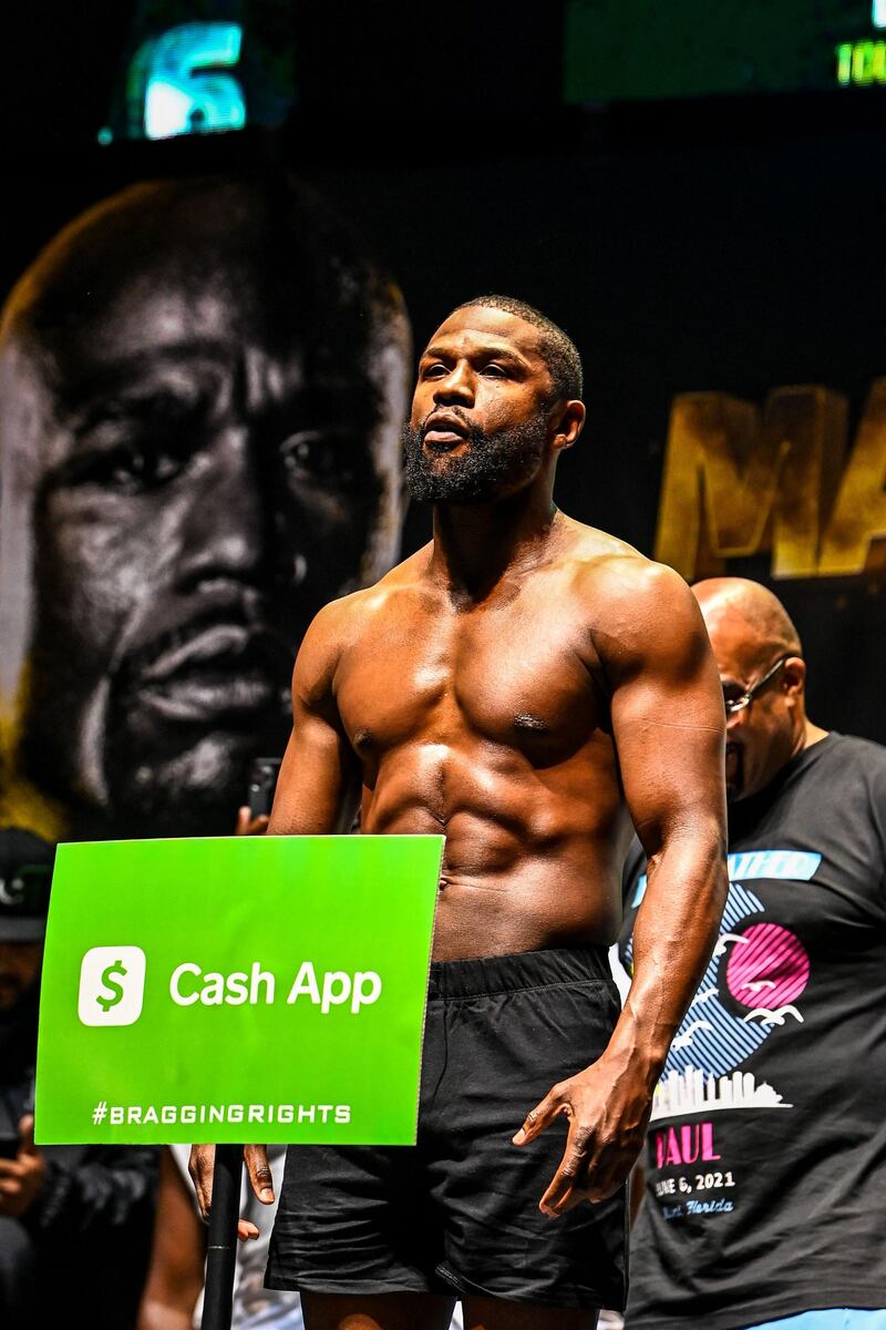 Former world welterweight king Floyd Mayweather during the weigh-in ahead of his exhibition fight against Logan Paul. AFP