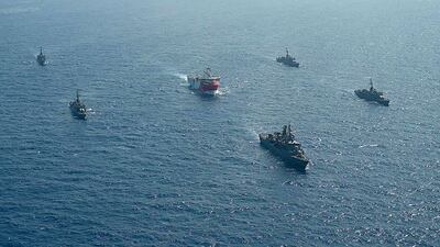 This handout photograph released by the Turkish Defence Ministry on August 12, 2020, shows Turkish seismic research vessel 'Oruc Reis' (C) as it is escorted by Turkish Naval ships in the Mediterranean Sea, off Antalya on August 10, 2020.  Greece on August 11, demanded that Turkey withdraw a research ship at the heart of their growing dispute over maritime rights and warned it would defend its sovereignty, calling for an emergency meeting of EU foreign ministers to resolve the crisis. Tensions were stoked August 10, when Ankara dispatched the research ship Oruc Reis accompanied by Turkish naval vessels off the Greek island of Kastellorizo in the eastern Mediterranean.
 - RESTRICTED TO EDITORIAL USE - MANDATORY CREDIT "AFP PHOTO /TURKISH DEFENCE MINISTRY " - NO MARKETING - NO ADVERTISING CAMPAIGNS - DISTRIBUTED AS A SERVICE TO CLIENTS
 / AFP / TURKISH DEFENCE MINISTRY / - / RESTRICTED TO EDITORIAL USE - MANDATORY CREDIT "AFP PHOTO /TURKISH DEFENCE MINISTRY " - NO MARKETING - NO ADVERTISING CAMPAIGNS - DISTRIBUTED AS A SERVICE TO CLIENTS

