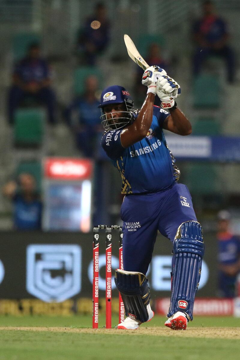 Kieron Pollard of Mumbai Indians  plays a shot during match 5 of season 13 of Indian Premier League (IPL) between the Kolkata Knight Riders and the Mumbai Indians held at the Sheikh Zayed Stadium, Abu Dhabi  in the United Arab Emirates on the 23rd September 2020.  Photo by: Pankaj Nangia  / Sportzpics for BCCI