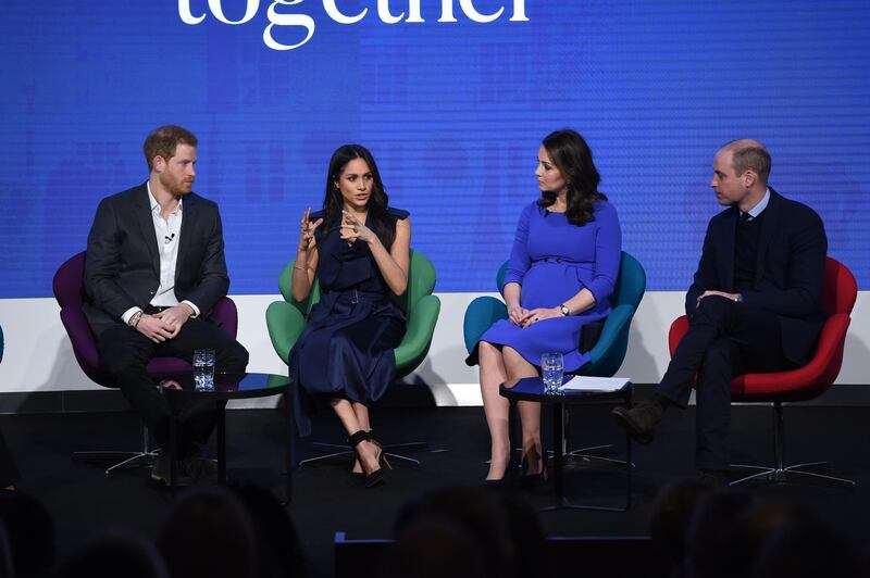 Prince Harry, Meghan Markle, Catherine, Duchess of Cambridge and Prince William attend the first annual Royal Foundation Forum held at Aviva on February 28, 2018 in London, England. Getty Images