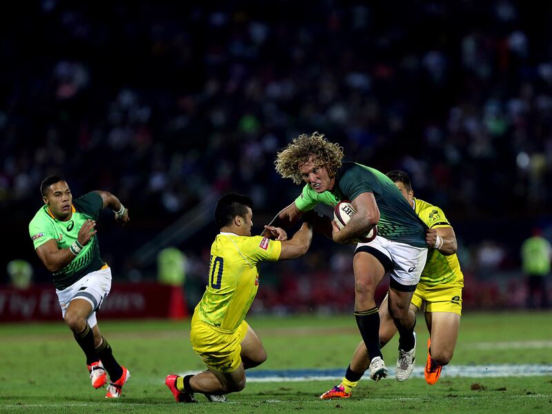South Africa and Australia in action during the Trophy Final at Dubai Sevens on Saturday. Satish Kumar / The National