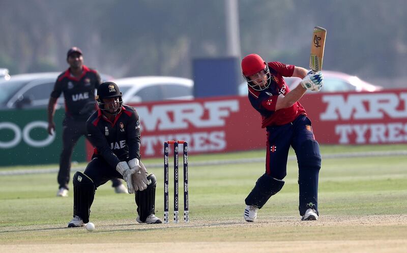 ABU DHABI , UNITED ARAB EMIRATES , October 22  – 2019 :- Ben Ward of Jersey playing a shot during the World Cup T20 Qualifiers between UAE vs Jersey held at Tolerance Oval cricket ground in Abu Dhabi.  ( Pawan Singh / The National )  For Sports. Story by Paul