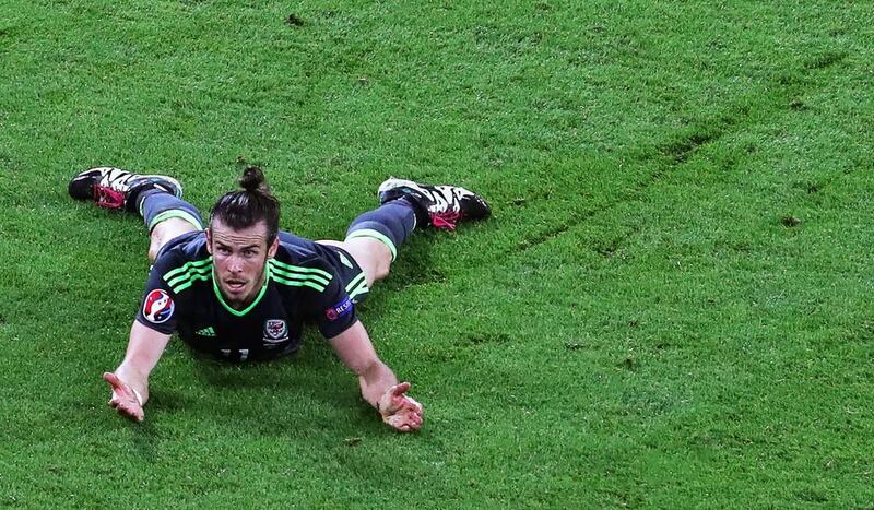 Gareth Bale of Wales reacts during the UEFA Euro 2016 semifinal match between Portugal and Wales at Stade de Lyon in Lyon, France.
