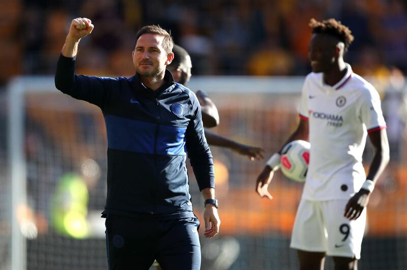 Chelsea manager Frank Lampard (left) celebrates after the final whistle during the Premier League match at Molineux, Wolverhampton. PA Photo. Picture date: Saturday September 14, 2019. See PA story SOCCER Wolves. Photo credit should read: Nick Potts/PA Wire. RESTRICTIONS: EDITORIAL USE ONLY No use with unauthorised audio, video, data, fixture lists, club/league logos or "live" services. Online in-match use limited to 120 images, no video emulation. No use in betting, games or single club/league/player publications.