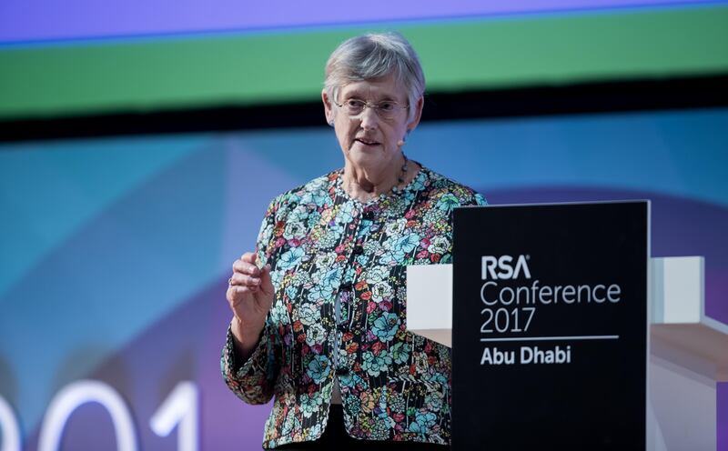 Dame Stella Rimington, a former director at the British intelligence service MI5, addressing the RSA security conference in Abu Dhabi this week. Courtesy RSA Conference.