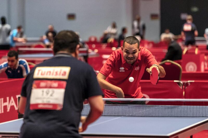 ABU DHABI, UNITED ARAB EMIRATES. 15 MARCH 2019. Special Olympics action at ADNEC. Tunisia vs Portu Rico, Tabletennis. (Photo: Antonie Robertson/The National) Journalist: None: National.