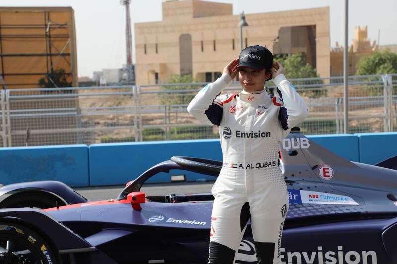 Emirati driver Amna Al Qubaisi became the first woman to take part in a Formula E test when she drove for the Envision Virgin Racing team in Riyadh. Karma Gurung / The National