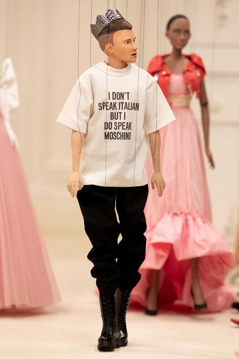 A look from Moschino’s spring/summer 2021 womenswear collection, which was presented as a short film, with marionettes by Jim Henson’s Creature Shop modelling scaled down versions of the clothes. Courtesy Moschino