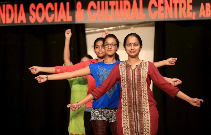 Students and community members practise for the Indian independence day function at India Social Centre in Abu Dhabi. Ravindranath K / The National