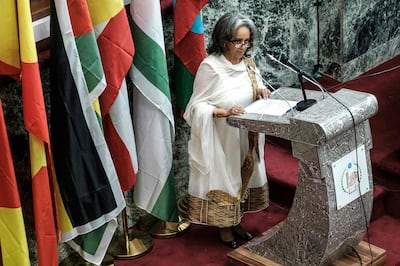 Ethiopia's first female President Sahle-Work Zewde delivers a speech at the Parliament in Addis Ababa on October 25, 2018.  / AFP / EDUARDO SOTERAS
