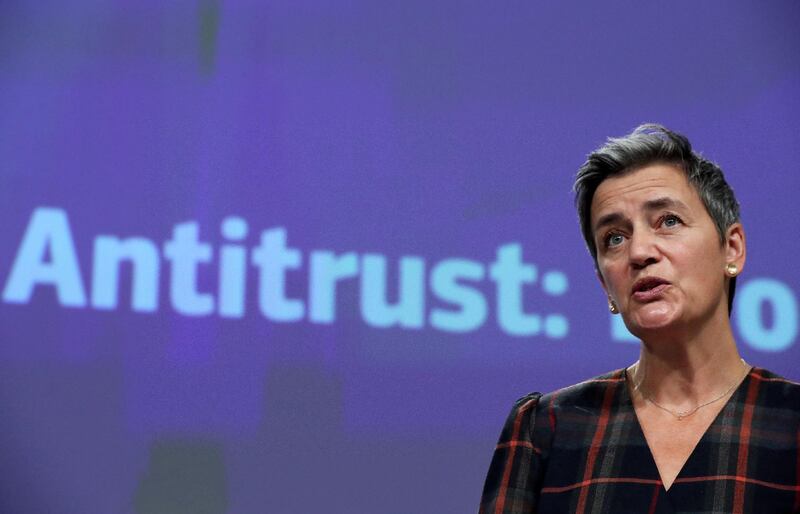 FILE PHOTO: EU Commission Executive Vice-President Margrethe Vestager holds a news conference on Broadcom in Brussels, Belgium October 7, 2020. REUTERS/Yves Herman/Pool/File Photo