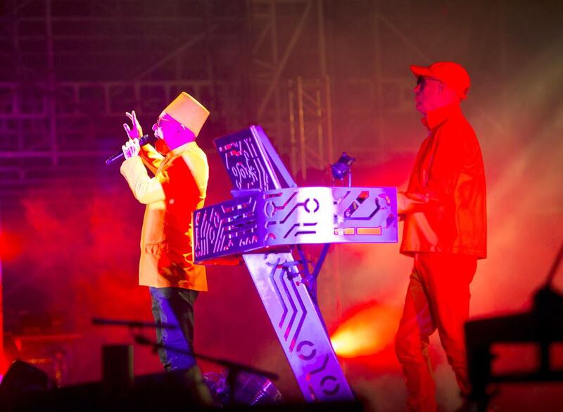 Pet Shop Boys’ singer Neil Tennant, left, with the keyboard player Chris Lowe. Celia Peterson for The National / May 9, 2014 