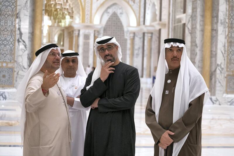 ABU DHABI, UNITED ARAB EMIRATES - March 10, 2019: (L-R) HE Dr Anwar bin Mohamed Gargash, UAE Minister of State for Foreign Affairs, HH Major General Sheikh Khaled bin Mohamed bin Zayed Al Nahyan, Deputy National Security Adviser, HE Ahmed Juma Al Zaabi, UAE Deputy Minister of Presidential Affairs and HE Jassem Mohamed Bu Ataba Al Zaabi, Chairman of Abu Dhabi Executive Office and Abu Dhabi Executive Council Member (back) attend the inauguration of Qasr Al Watan.

( Mohamed Al Hammadi / Ministry of Presidential Affairs )
---