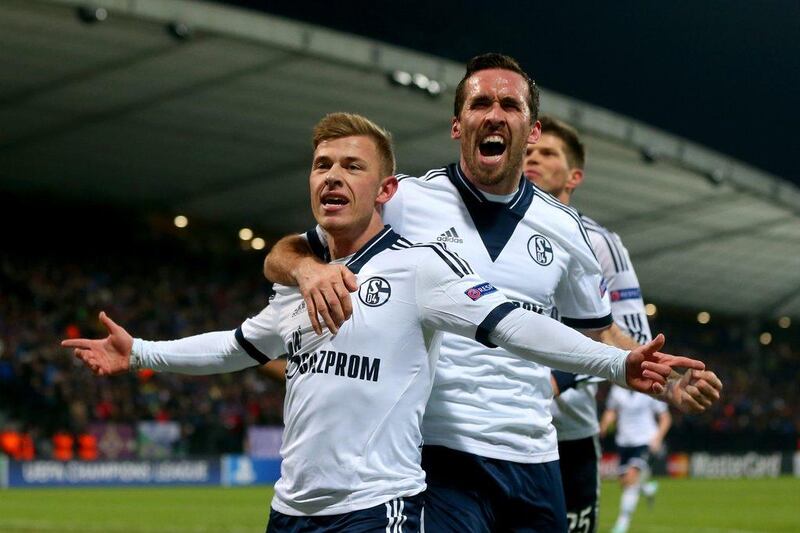 Max Meyer, left, of Schalke celebrates scoring the opening goal, and winner, in their 1-0 victory over Maribor in the Champions League on Wednesday. Alexander Hassenstein / Bongarts / Getty Images / December 10, 2014 