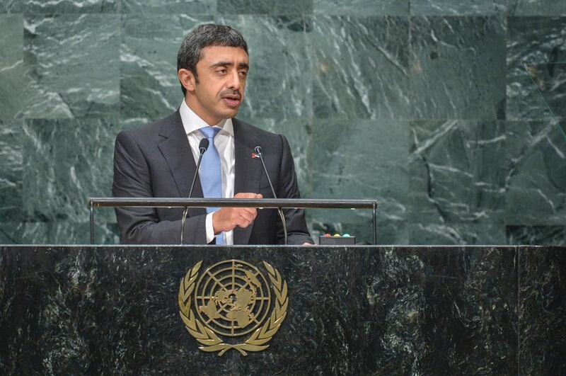 Sheikh Abdullah Bin Zayed, Minister for Foreign Affairs, addresses the United Nations General Assembly at the UN headquarters in New York (AFP / KENA BETANCUR)