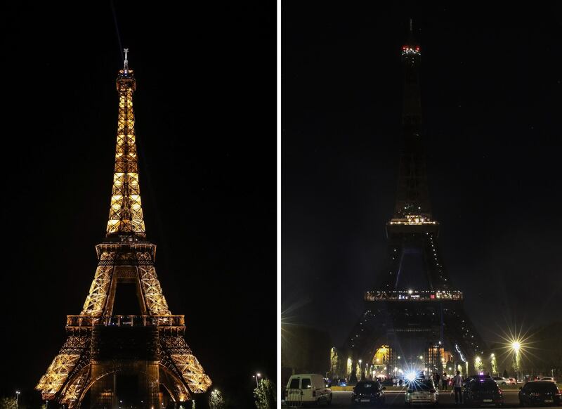 A combination image shows the Eiffel Tower in Paris is seen illuminated before its traditional night-time illumination is switched off and after in support of the victims in Beirut.  EPA