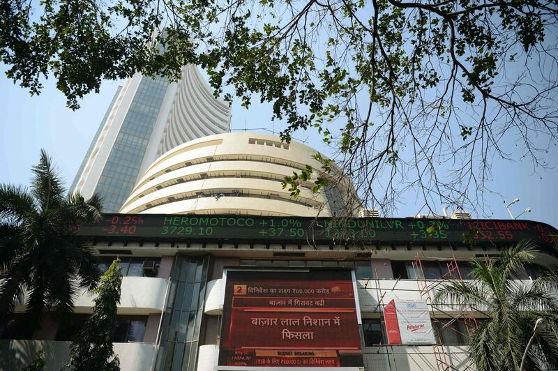 A live ticker shows 30 share index (Sensex) on the facade of the Bombay Stock Exchange (BSE) in Mumbai on February 1, 2018.
India promised hundreds of billions of dollars to develop poor rural areas and to help struggling farmers in its annual budget February 1, looking to win over voters ahead of the next general election. / AFP PHOTO / PUNIT PARANJPE