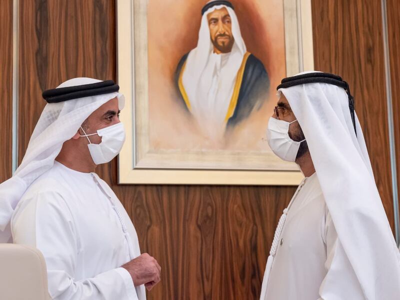 Sheikh Mohammed bin Rashid, Prime Minister and Ruler of Dubai, speaks to Sheikh Saif bin Zayed, Deputy Prime Minister and Minister of Interior, during a UAE Cabinet meeting on Sunday. Courtesy: Sheikh Mohammed bin Rashid Twitter